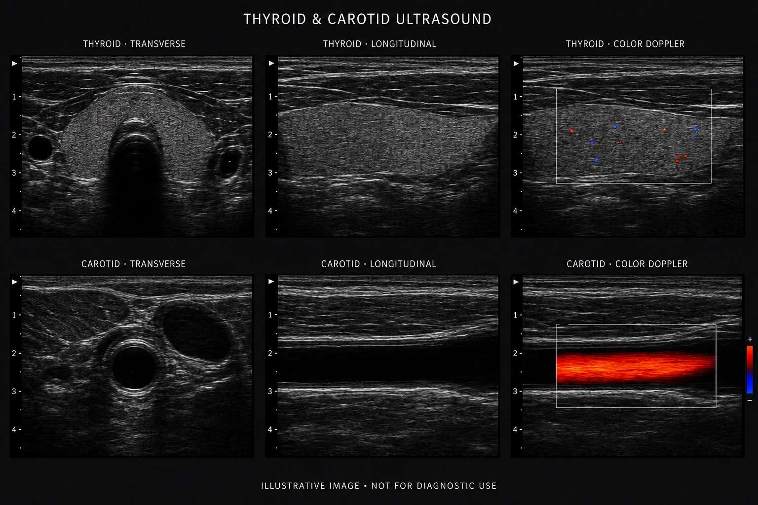 Illustrative composite showing six thyroid and carotid ultrasound views in B-mode and color Doppler