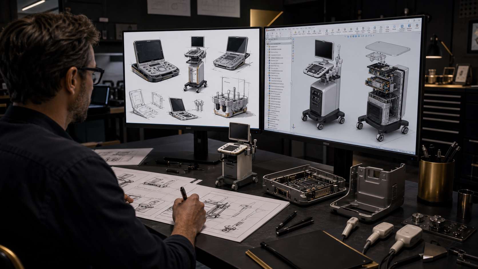 Concept visualization of an ultrasound system progressing from industrial-design sketches to parametric CAD, internal architecture, and a physical prototype